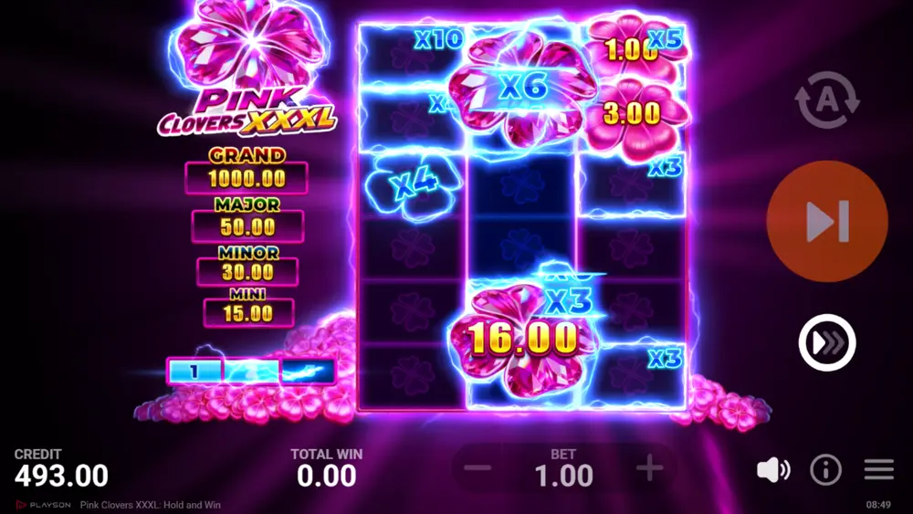 Pink Clovers XXXL hold and win bonus game with cell multipliers on reels 1 and 3