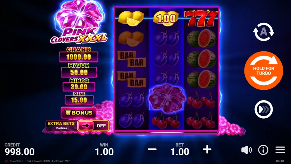 Pink Clovers XXXL collect feature – Collect Clover on reel 2 gathering clover values from reels 1 and 3