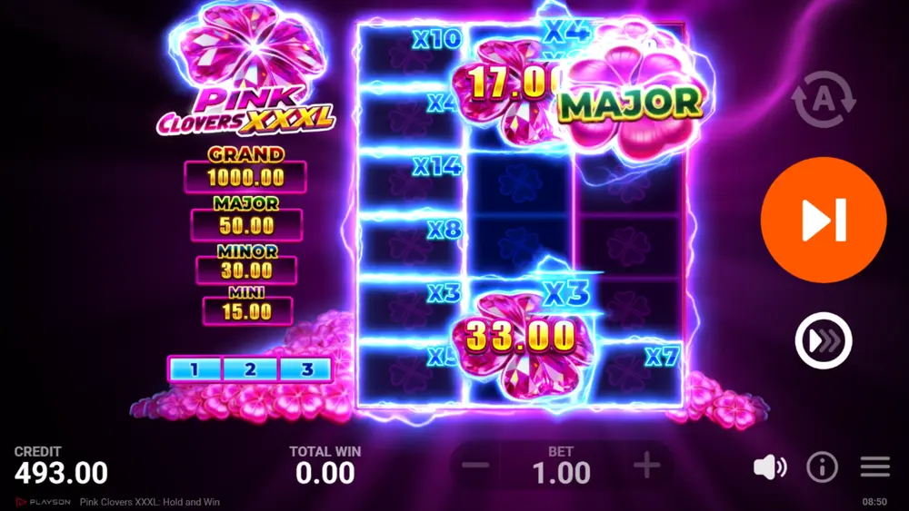 Pink Clovers XXXL Grand Jackpot $1,000 win screen with animation